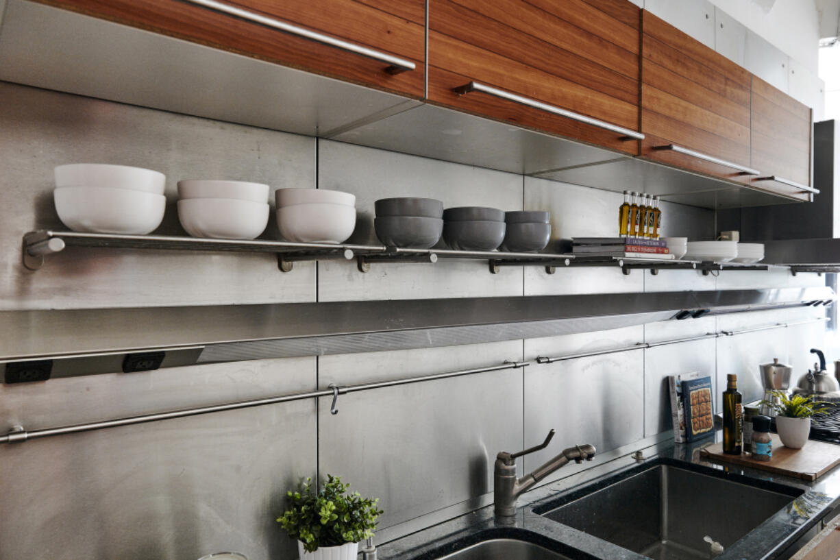 A long shelf helps to provide extra storage.