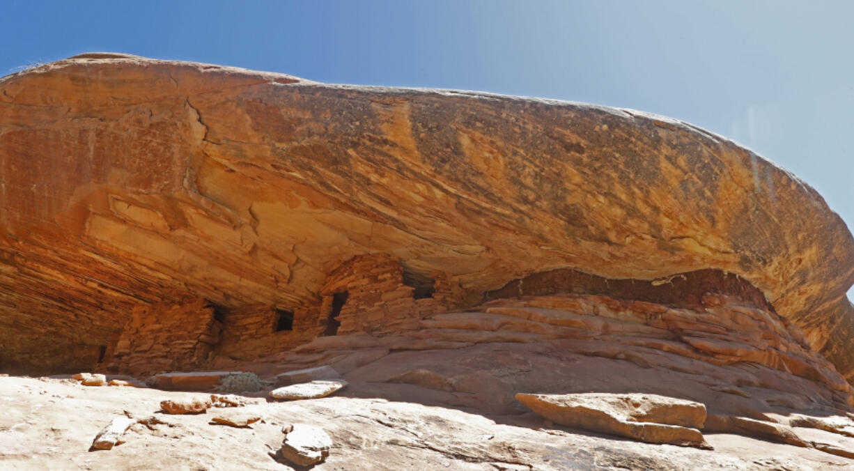 Ancient granaries, part of the House on Fire ruins are shown here in the South Fork of Mule Canyon in the Bears Ears National Monument  on May 12, 2017, outside Blanding, Utah.