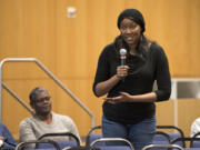 Ophelia Noble of Vancouver speaks during a community forum in March 2018 at Clark College in Vancouver.