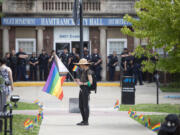 Protesters opposing the City of Hamtramck's recent resolution banning the flying of LGBTQ+ flags, political flags, and flags symbolizing any race or religion on City property, demonstrate at City Hall on June 24, 2023, in Hamtramck, Michigan.