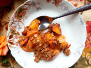 Eat dessert first with this peach breakfast crisp, a slightly healthier version of the popular dessert with a little less sugar and fat.