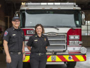 Clark-Cowlitz Fire Rescue Division Chief Ben Peeler, left, and Clark County Fire District 6 Fire Chief Kristan Maurer stand for a portrait Thursday at Fire Station 151 in Ridgefield. A new arrangement has Clark County Fire District 6 and Clark-Cowlitz Fire Rescue jointly staffing the station.
