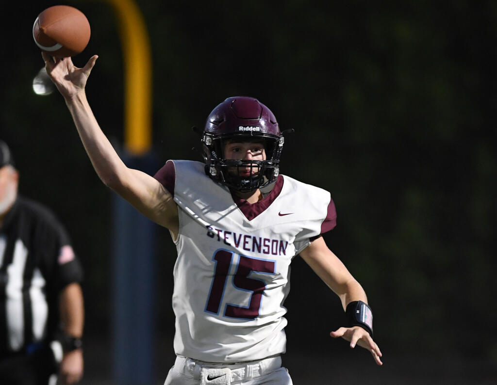 Stevenson senior Kacen Bach throws the ball Friday, Sept. 22, 2023, during Stevenson’s 59-0 loss to Seton Catholic at Seton Catholic High School.