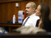 Guillermo Raya Leon sits with the defense team Tuesday, Sept. 26, 2023, during his aggravated murder trial at Clark County Courthouse. Raya Leon was found guilty on all counts by the jury.