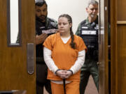 Misty Raya, a co-defendant in the 2021 fatal shooting of Clark County sheriffÄôs Sgt. Jeremy Brown, walks into the courtroom Friday, Sept. 29, 2023, at Clark County Courthouse. Raya pled guilty to second degree murder, two counts of second degree burglary, unlawful possession of a firearm and theft of a firearm.