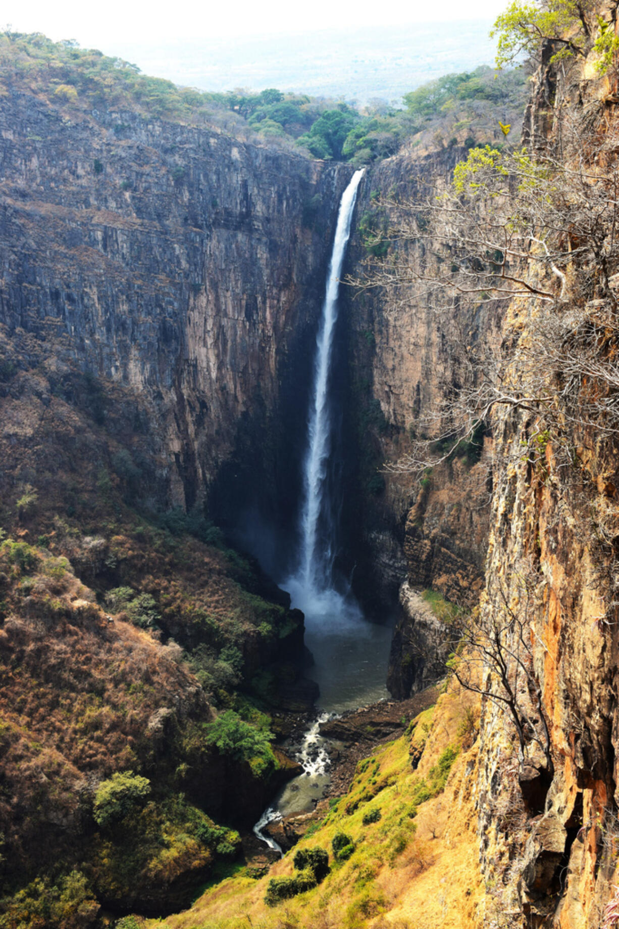 This photo provided by researchers shows Kalambo Falls in Zambia in 2019. A pair of crossed logs found on a riverbed nearby may be the oldest evidence of early humans building with wood, nearly half a million years old, according to a study published Wednesday, Sept. 19, 2023 in the journal Nature.