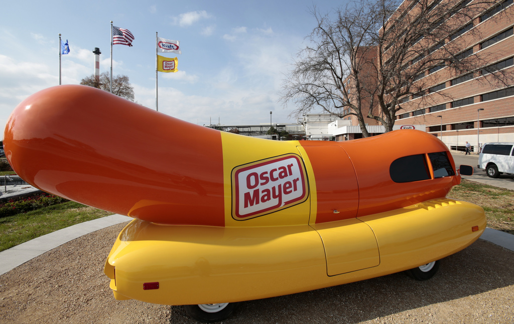 FILE - The Oscar Mayer Wienermobile sits outside the the Oscar Meyer headquarters, Oct. 27, 2014, in Madison, Wis. On Wednesday, Sept. 20, 2023, four months after announcing that the hot dog-shaped Wienermobile was changing its name to the Frankmobile, Oscar Meyer said that the one-of-a-kind wiener on wheels is reverting to the original. (M.P.