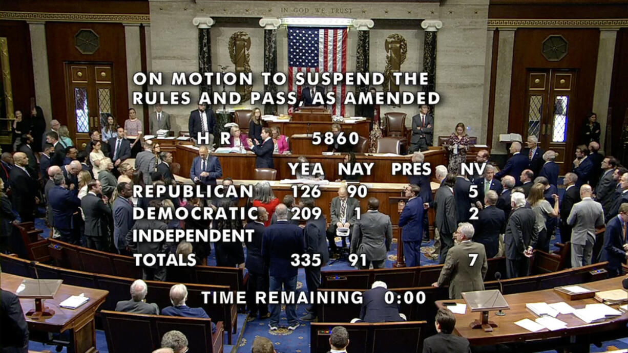 This image from House Television shows Rep. Steve Womack, R-Ark., the Speaker Pro Tempore, presiding as the House passes a 45-day funding bill on Saturday, Sept. 30, 2023, at the Capitol in Washington. The House vote was 335-91. The measure now goes to the Senate, which also is meeting Saturday.