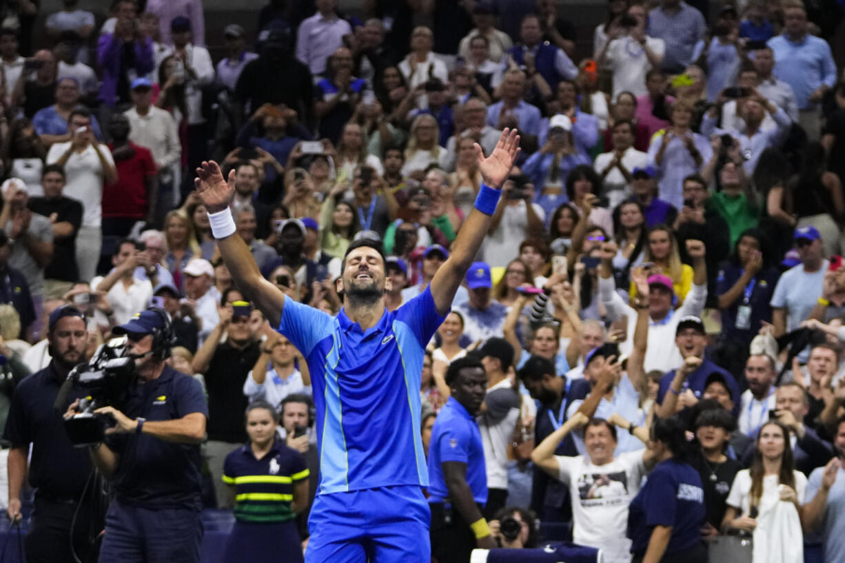 Novak Djokovic, of Serbia, reacts after defeating Daniil Medvedev, of Russia, in the men's singles final of the U.S. Open tennis championships, Sunday, Sept. 10, 2023, in New York.