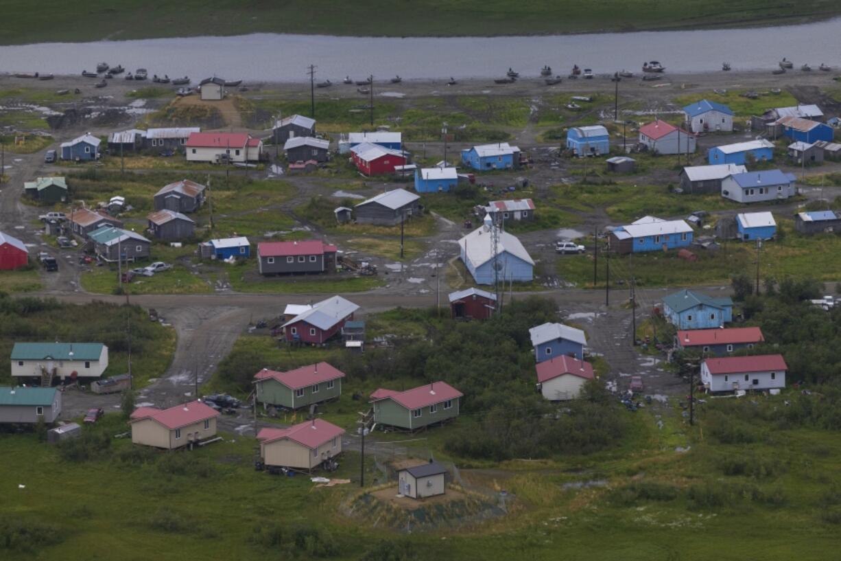 The village of Akiachak, Alaska, is visible from an airplane, Wednesday, Aug. 16, 2023. Akiachak is a Yup'ik village home to roughly 700 people based along the Kuskokwim River.