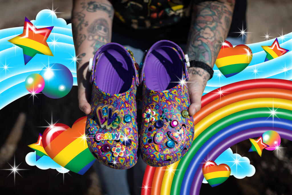 Christina Martin, of Rosamond, California, holds Lisa Frank Crocs that her sister gave her as a birthday gift. Martin has been a Lisa Frank fan since she was a child.