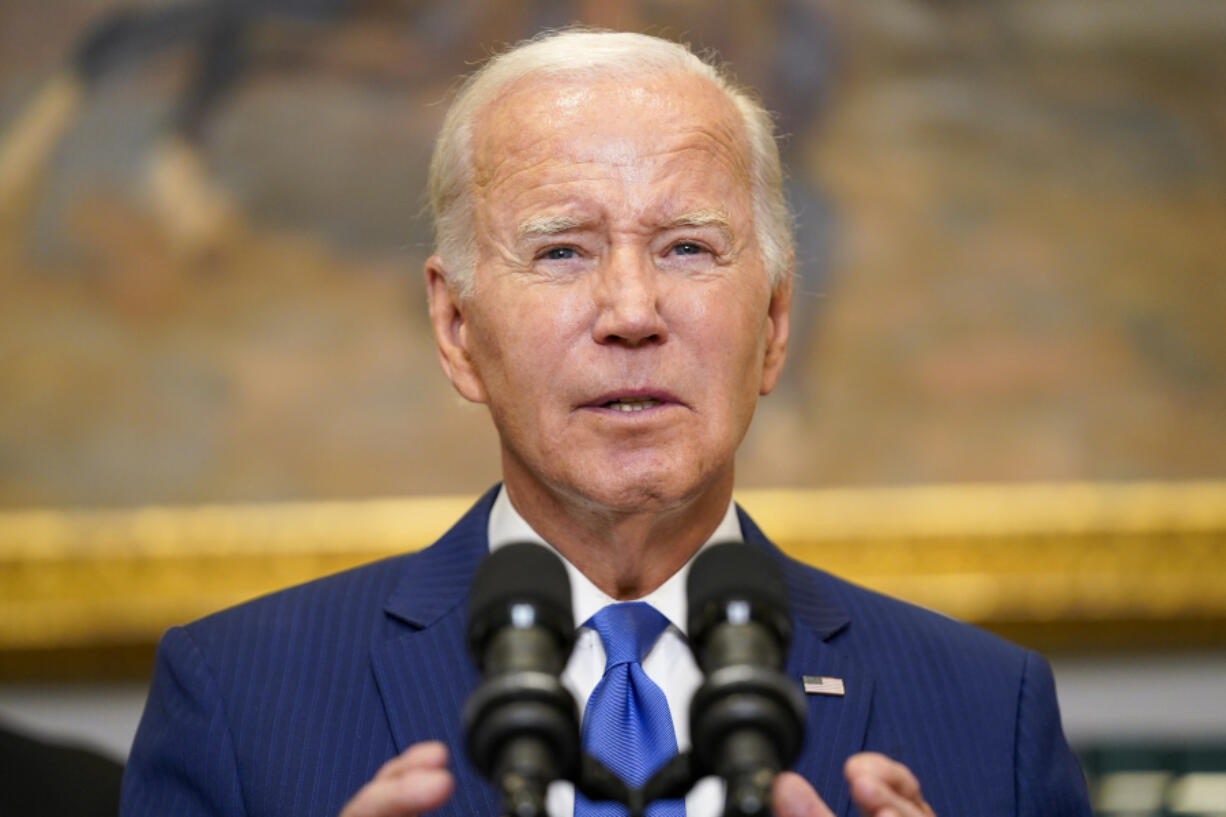 FILE- President Joe Biden delivers remarks on recovery efforts for the Maui wildfires and the response to Hurricane Idalia, in the Roosevelt Room of the White House, Wednesday, Aug. 30, 2023, in Washington. The White House said Thursday that Congress should pass a short-term funding measure to ensure the government keeps operating after the current budget year ends Sept. 30.