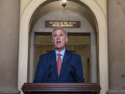 Speaker of the House Kevin McCarthy, R-Calif., speaks at the Capitol in Washington, Tuesday, Sept. 12, 2023. McCarthy says he's directing a House committee to open a formal impeachment inquiry into President Joe Biden. (AP Photo/J.