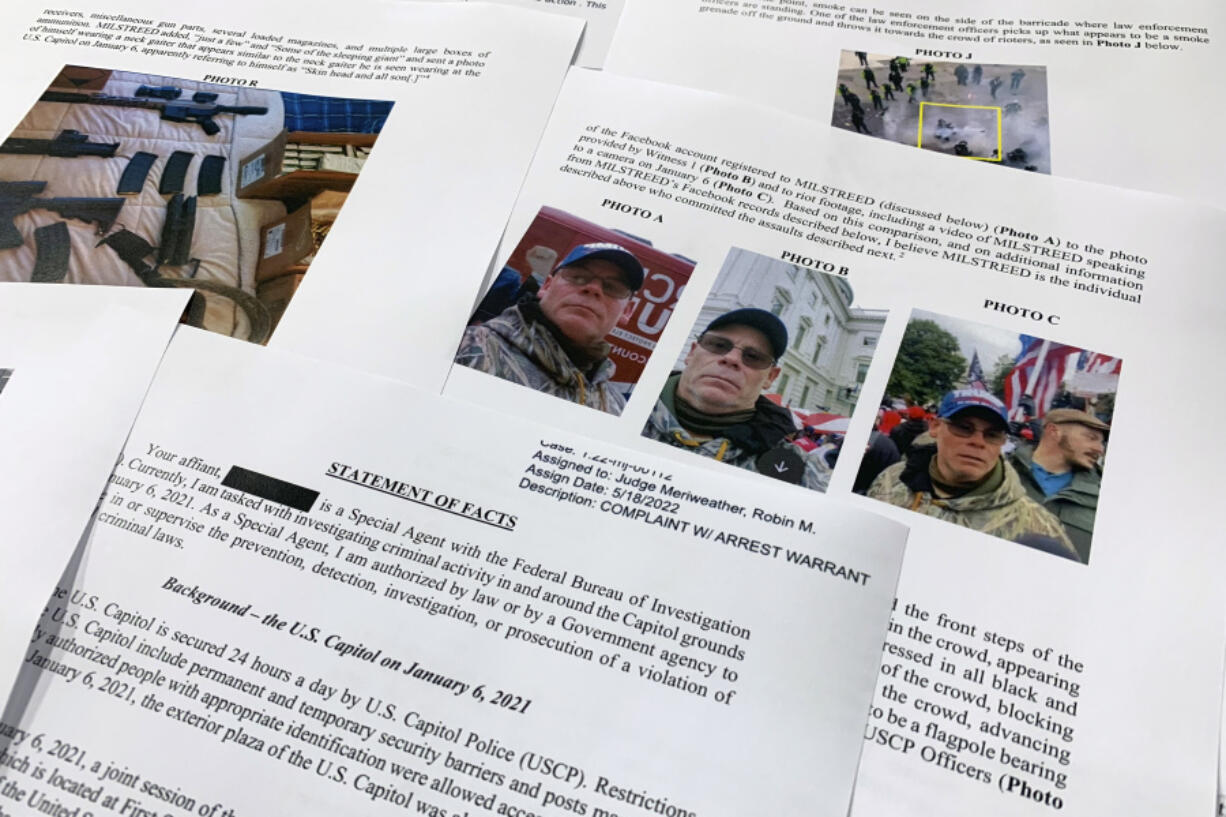 FILE - The statement of facts to support the arrest warrant for Rodney Milstreed of Finksburg, Md., is photographed Tuesday, May 24, 2022 in Washington.