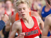 Camas senior Hayden Reich (919) runs ahead of teammate Cohen Butler (922) in the 4A boys race at the Westside Classic bi-district cross country meet in University Place on Oct.