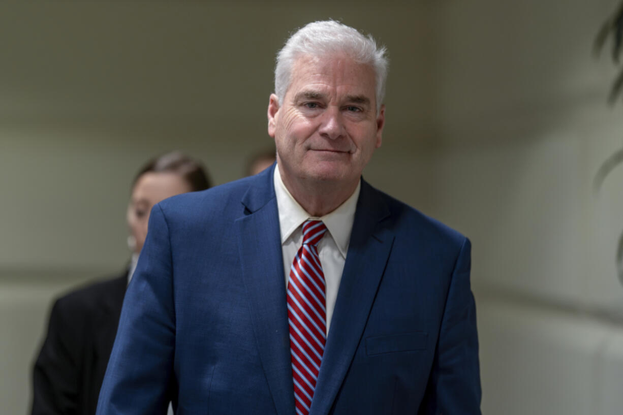 FILE--House Majority Whip Tom Emmer, R-Minn., heads to a closed-door Republican strategy session led by Speaker of the House Kevin McCarthy, R-Calif., on funding the government and averting a shutdown, at the Capitol in Washington, Wednesday, Sept. 27, 2023. (AP Photo/J.