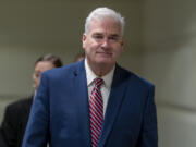 FILE--House Majority Whip Tom Emmer, R-Minn., heads to a closed-door Republican strategy session led by Speaker of the House Kevin McCarthy, R-Calif., on funding the government and averting a shutdown, at the Capitol in Washington, Wednesday, Sept. 27, 2023. (AP Photo/J.