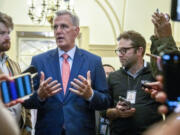 House Speaker Kevin McCarthy of Calif., speaks to reporters on Capitol Hill, Friday, Sept. 22, 2023, in Washington.