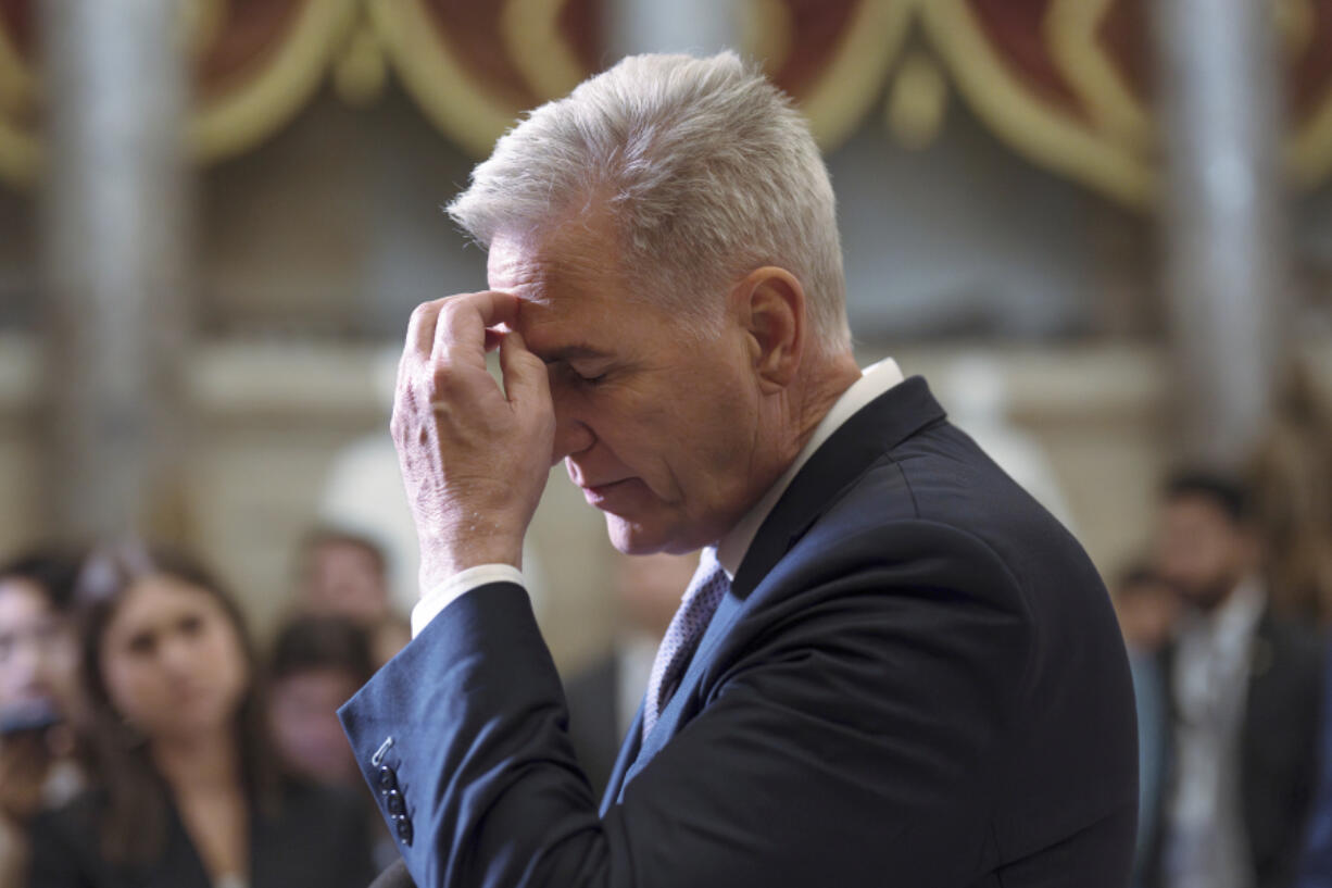 House Speaker Kevin McCarthy, R-Calif., talks to reporters just after voting to advance appropriations bills on the House floor, at the Capitol in Washington, Tuesday night, Sept. 26, 2023. (AP Photo/J.