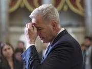 House Speaker Kevin McCarthy, R-Calif., talks to reporters just after voting to advance appropriations bills on the House floor, at the Capitol in Washington, Tuesday night, Sept. 26, 2023. (AP Photo/J.