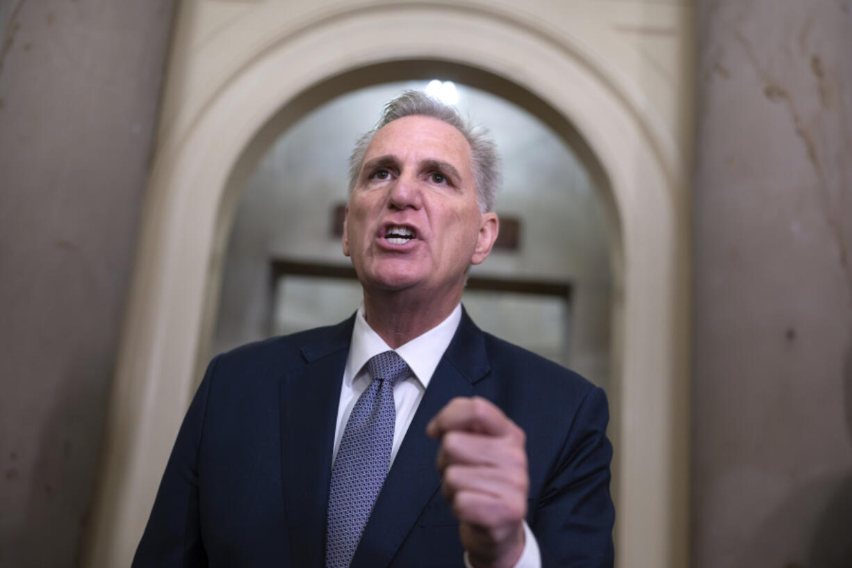 FILE - House Speaker Kevin McCarthy, R-Calif., talks to reporters as Congress returns to work in crisis mode with a few days to go before a government shutdown, at the Capitol in Washington, Tuesday, Sept. 26, 2023. (AP Photo/J.