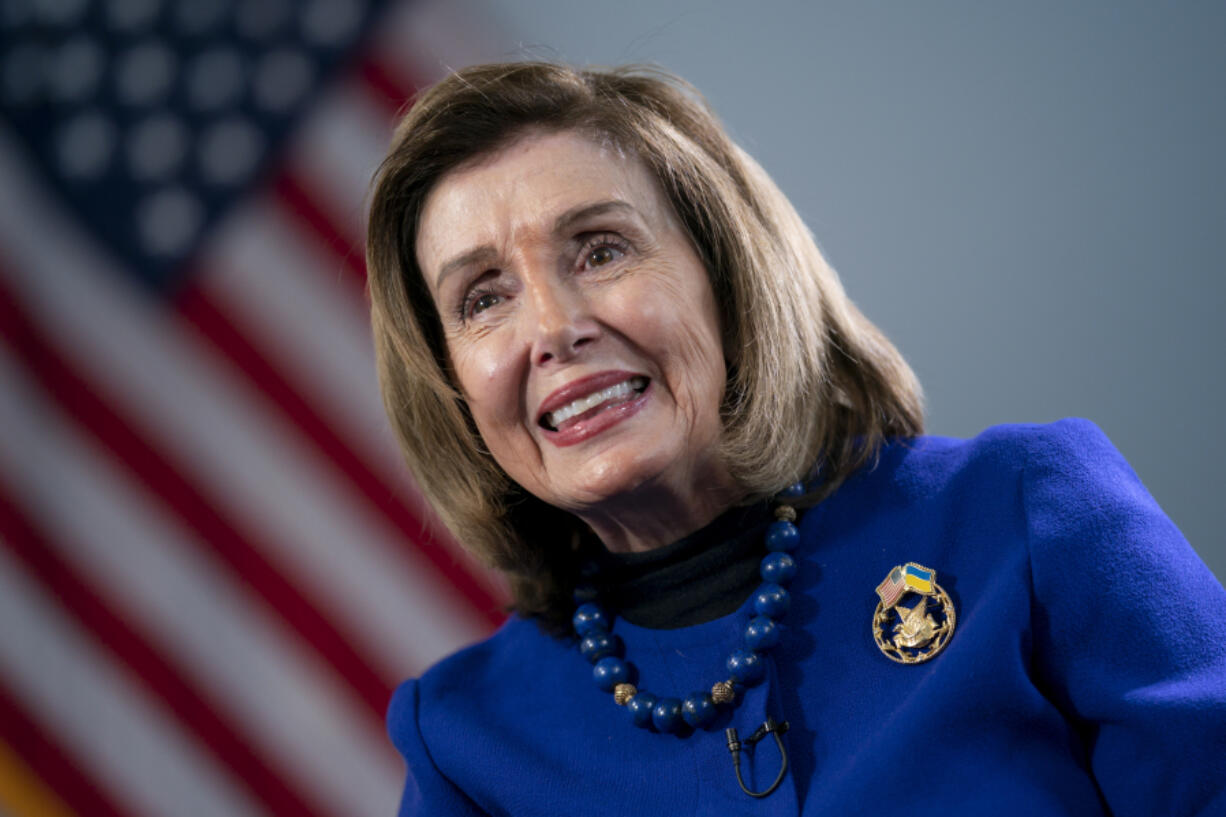 FILE - Former House Speaker Nancy Pelosi, D-Calif., talks to The Associated Press about her visit to Ukraine a year ago and her time as the Democratic leader in the House, at the Capitol in Washington, Wednesday, April 19, 2023. Pelosi said Friday, Sept. 8, that she will run for reelection to another term in Congress as Democrats work to win back the majority in 2024. (AP Photo/J.