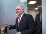 FILE - House Majority Leader Steve Scalise, R-La., joined at right by Majority Whip Tom Emmer, R-Minn., arrives for a news conference at the Capitol in Washington, Tuesday, June 6, 2023. Scalise has been diagnosed with blood cancer.(AP Photo/J.