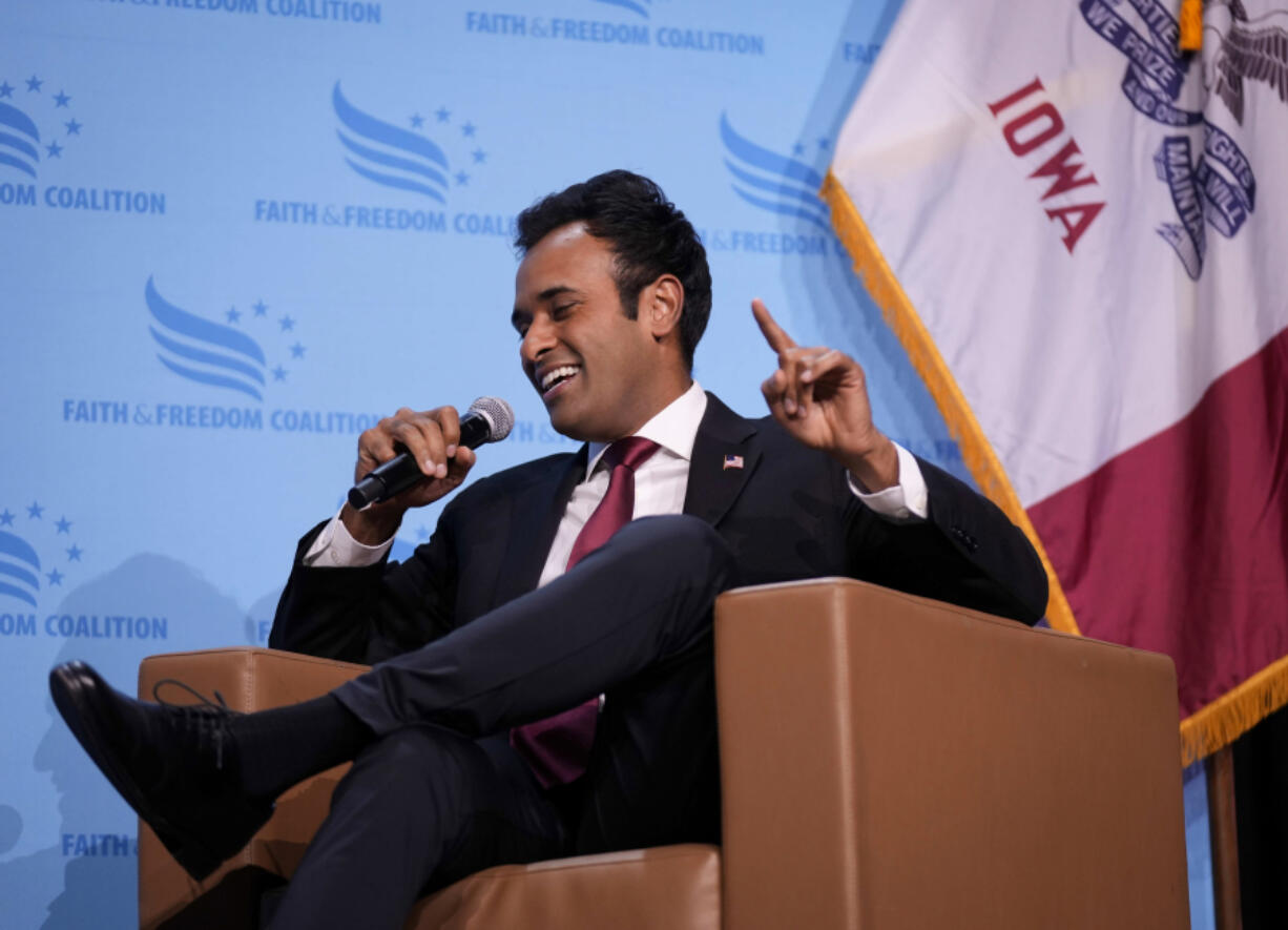 Republican presidential candidate businessman Vivek Ramaswamy speaks at the Iowa Faith & Freedom Coalition's fall banquet, Saturday, Sept. 16, 2023, in Des Moines, Iowa.