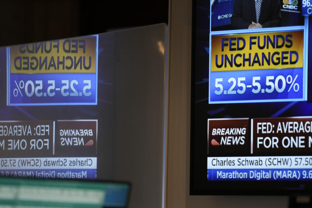 A monitor displays information about the Federal Reserve interest rate on the floor at the New York Stock Exchange in New York, Wednesday, Sept. 20, 2023. The Federal Reserve left its key interest rate unchanged for the second time in its past three meetings, a sign that it's moderating its fight against inflation as price pressures have eased.