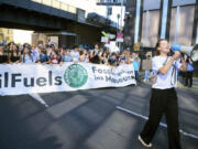 Climate activist Luisa Neubauer motivates the demonstrators during a ''Fridays for Future'' protest in Berlin, Germany, Friday Sept. 15, 2023.