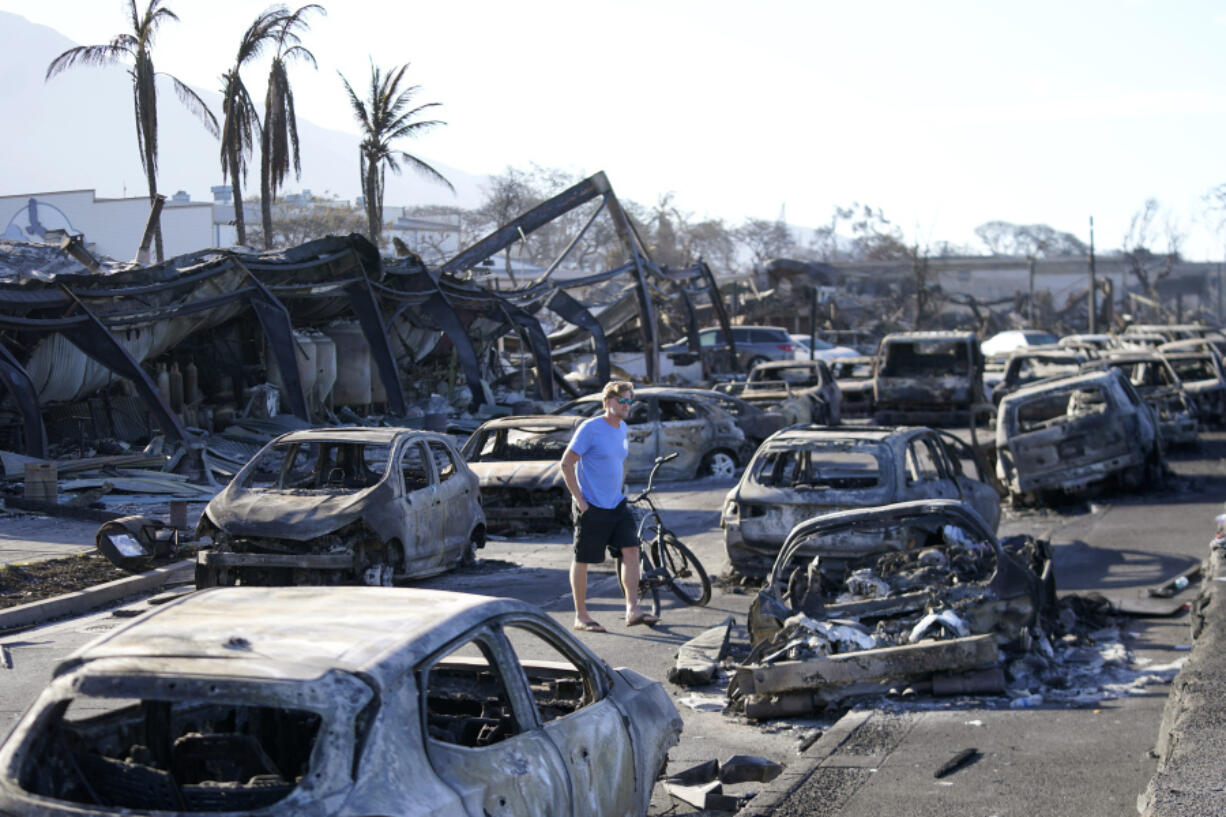 FILE - A man walks through wildfire wreckage Friday, Aug. 11, 2023, in Lahaina, Hawaii. Nearly a month after the deadliest U.S. wildfire in more than a century killed scores of people, authorities on Maui are working their way through a list of the missing that has grown almost as quickly as names have been removed. Lawsuits are piling up in court over liability for the inferno, and businesses across the island are fretting about what the loss of tourism will mean for their futures.