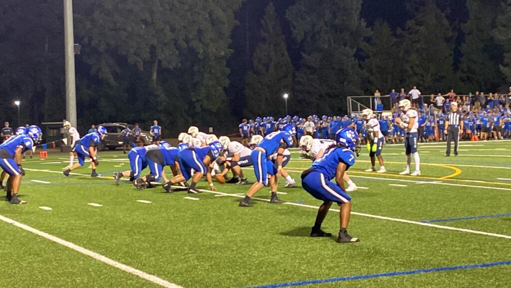 Skyview sets up in the red zone for what turned into a 6-yard touchdown reception by Riley Artis. After a scoreless first half, the Storm score 21 unanswered points following a Bothell touchdown to earn a 21-7 nonleague win Friday at Kiggins Bowl.