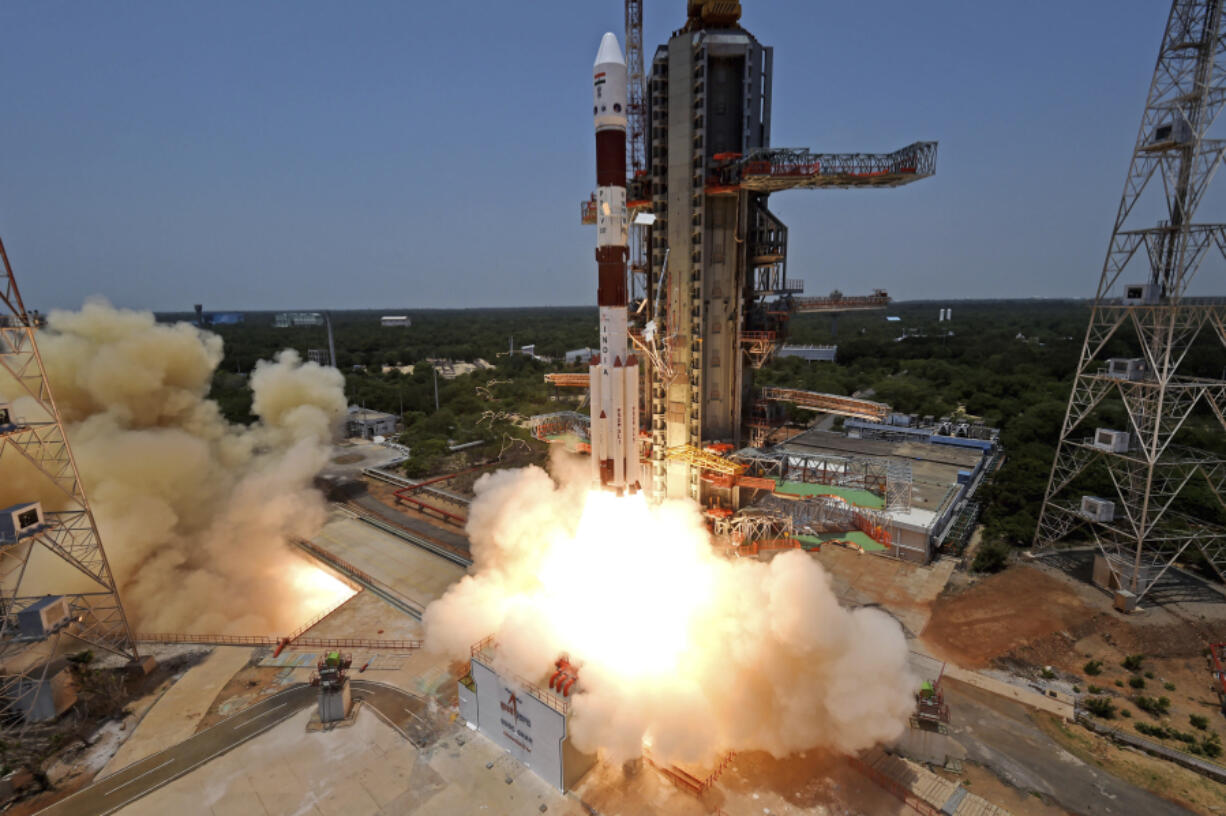 This image provided by the Indian Space Research Organisation (ISRO) shows the Aditya-L1 spacecraft lifts off on board a satellite launch vehicle from the space center in Sriharikota, India, Saturday, Sept. 2, 2023. India launched its first space mission to study the sun on Saturday, less than two weeks after a successful uncrewed landing near the south polar region of the moon.