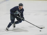 Andre Burakovsky works out on the first day of NHL hockey training camp for the Seattle Kraken, Thursday, Sept. 21, 2023, in Seattle.