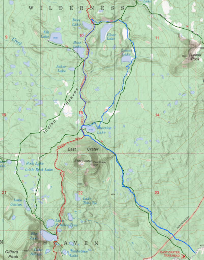 Location Mileage Elevation

East Crater trailhead 0.0 4,135
Burned area 1.5 4,709
junction E. Crater/Pacific Crest trails 2.5 4,813
junction PCT-Indian Heaven trails 4.5 4,950
jct Indian Heaven-Lemei Lk trails 5.0 5,061
jct Lemei Lake trail-PCT 7.3 4,784
East Crater trailhead 10.1 4,135 PDF