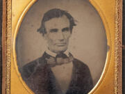 An ambrotype image of President Abraham Lincoln circa 1858. During his U.S. Senate campaign against Stephen A. Douglas, Lincoln sat for a photograph after politicking in western Illinois and presented one of the copies to a man severely injured while testing a campaign-rally cannon.