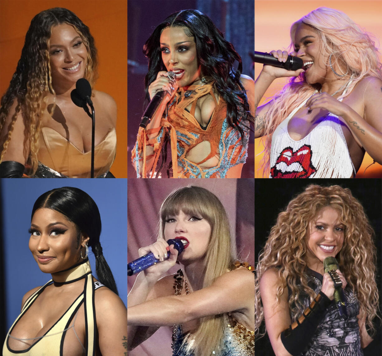 This combination of photos shows all female nominees for artist of the year for the MTV Video Music Awards, top row from left, Beyonce, Doja Cat, Karol G, bottom row from left, Nicki Minaj, Taylor Swift and Shakira. The VMAs, which takes place at the Prudential Center in Newark, N.J.