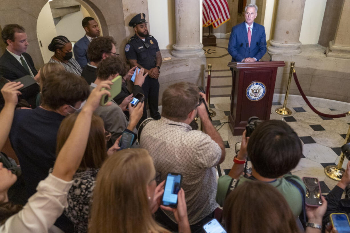 Speaker of the House Kevin McCarthy, R-Calif., speaks at the Capitol in Washington, Tuesday, Sept. 12, 2023. McCarthy says he's directing a House committee to open a formal impeachment inquiry into President Joe Biden.