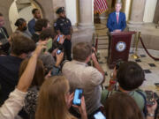 Speaker of the House Kevin McCarthy, R-Calif., speaks at the Capitol in Washington, Tuesday, Sept. 12, 2023. McCarthy says he's directing a House committee to open a formal impeachment inquiry into President Joe Biden.