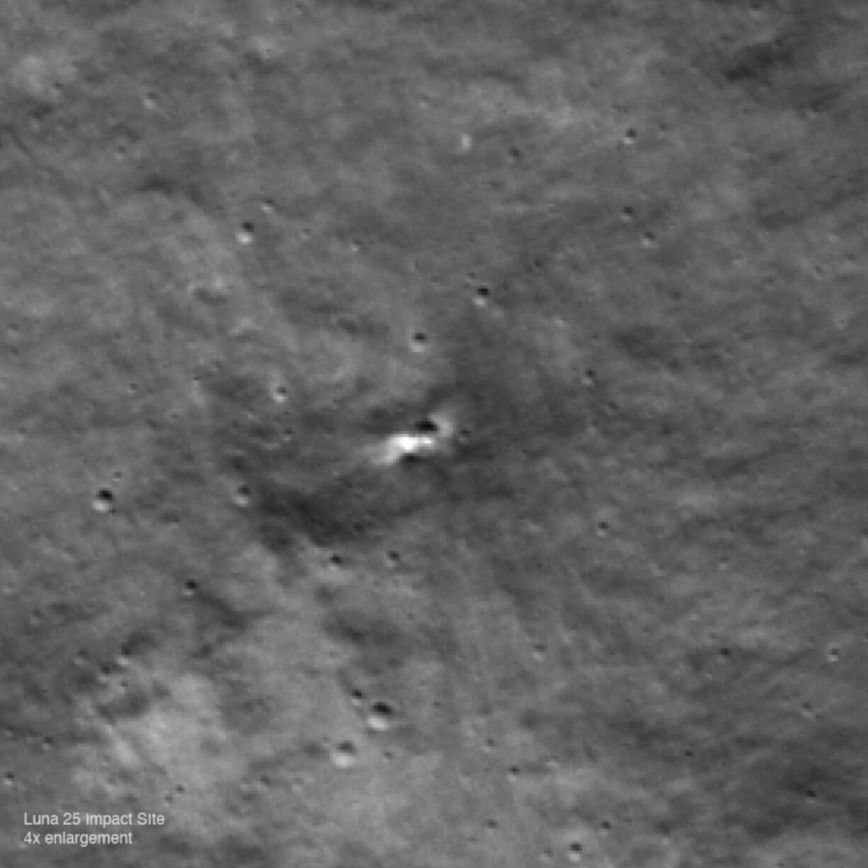 This image provided by NASA's Goddard Space Flight Center/Arizona State University shows an LROC NAC image enlarged four times centered on the likely Luna 25 crater. A NASA spacecraft around the moon has found the likely crash site of Russia's lost lunar lander, Thursday, Aug. 31, 2023. The Luna 25 lander slammed into the moon last month, a harsh end to Russia's first moon mission in almost half a century.
