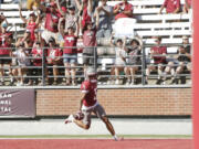 Washington State wide receiver Lincoln Victor runs for a touchdown during the first half of an NCAA college football game against Northern Colorado, Saturday, Sept. 16, 2023, in Pullman, Wash.