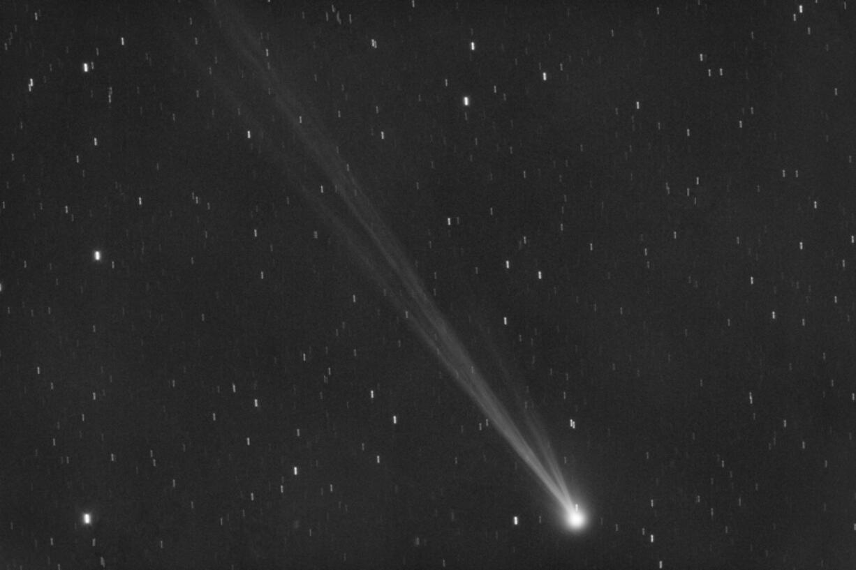 This image provided by Gianluca Masi shows the comet C/2023 P1 Nishimura and its tail seen from Manciano, Italy on Sept. 5, 2023. Stargazers across the Northern Hemisphere should catch a glimpse as soon as possible because it will be another 400 years before the wandering ice ball returns.