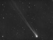 This image provided by Gianluca Masi shows the comet C/2023 P1 Nishimura and its tail seen from Manciano, Italy on Sept. 5, 2023. Stargazers across the Northern Hemisphere should catch a glimpse as soon as possible because it will be another 400 years before the wandering ice ball returns.