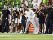 Oregon head coach Dan Lanning shouts to players during the second half half of the team's NCAA college football game against Texas Tech, Saturday, Sept. 9, 2023, in Lubbock, Texas.