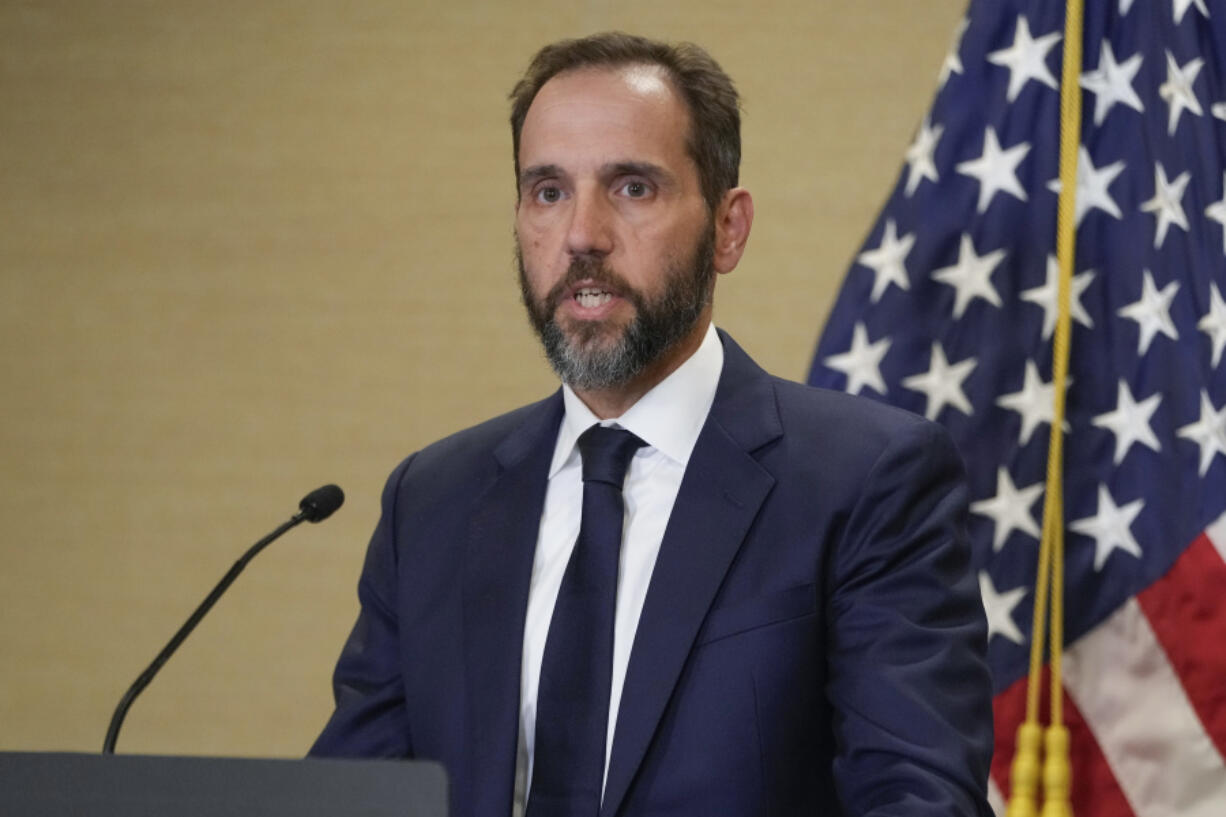 FILE - Special counsel Jack Smith speaks about an indictment of former President Donald Trump, Tuesday, Aug. 1, 2023, at a Department of Justice office in Washington.