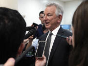 Sen. Tommy Tuberville, R-Ala., a member of the Senate Armed Services Committee, speaks with reporters near the Senate Subway on Capitol Hill Wednesday, Sept. 6, 2023, in Washington.