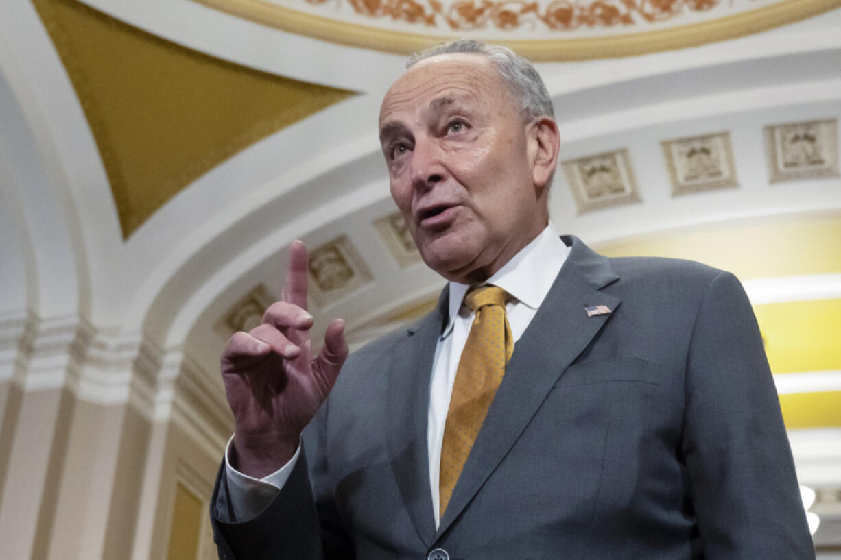 Senate Majority Leader Chuck Schumer of N.Y. speaks to the media on Capitol Hill on Thursday, Sept. 21, 2023, in Washington.