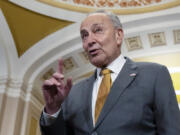 Senate Majority Leader Chuck Schumer of N.Y. speaks to the media on Capitol Hill on Thursday, Sept. 21, 2023, in Washington.