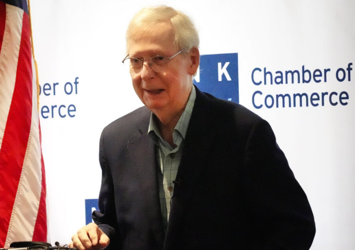 U.S. Senate Minority Leader Mitch McConnell, R-Ky., speaks at the NKY Chamber of Commerce at the Madison Event Center, Wednesday, Aug. 30, 2023, in Covington, Ky. McConnell appeared to briefly freeze up and was unable to answer a question from a reporter during the event on Wednesday, weeks after he had a similar episode in Washington.