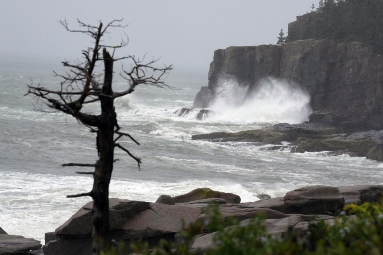 Raging surf hits Otter Point in Acadia National Park as severe weather associated with storm Lee pounds the region, Saturday, Sept. 16, 2023, in Bar Harbor, Maine. (AP Photo/Robert F.